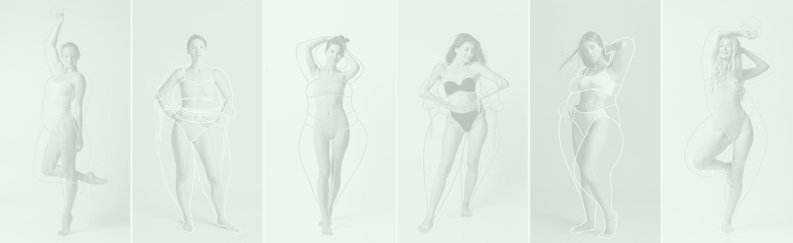 Collage made of portraits of young beautiful women with perfect body shape in underwear isolated over colored background.